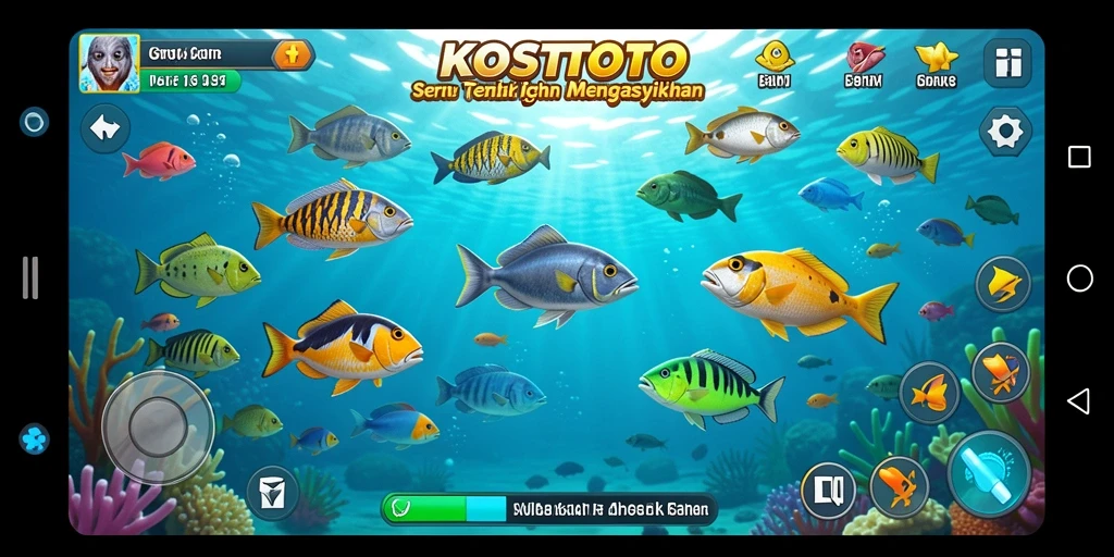 Tangkapan layar gameplay KOSTOTO menunjukkan aksi tembak ikan yang seru.
